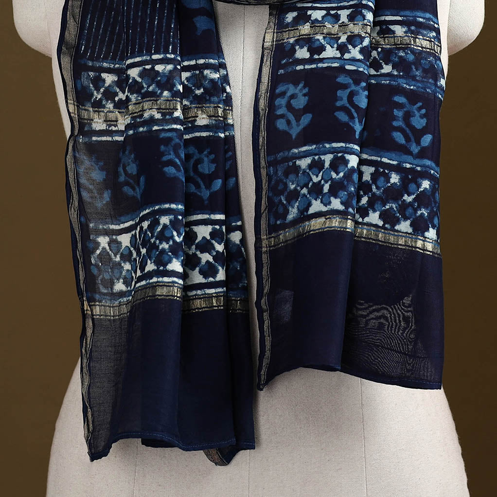 Blue - Pipad Hand Block Print Natural Dyed Chanderi Silk Handloom Stole 35