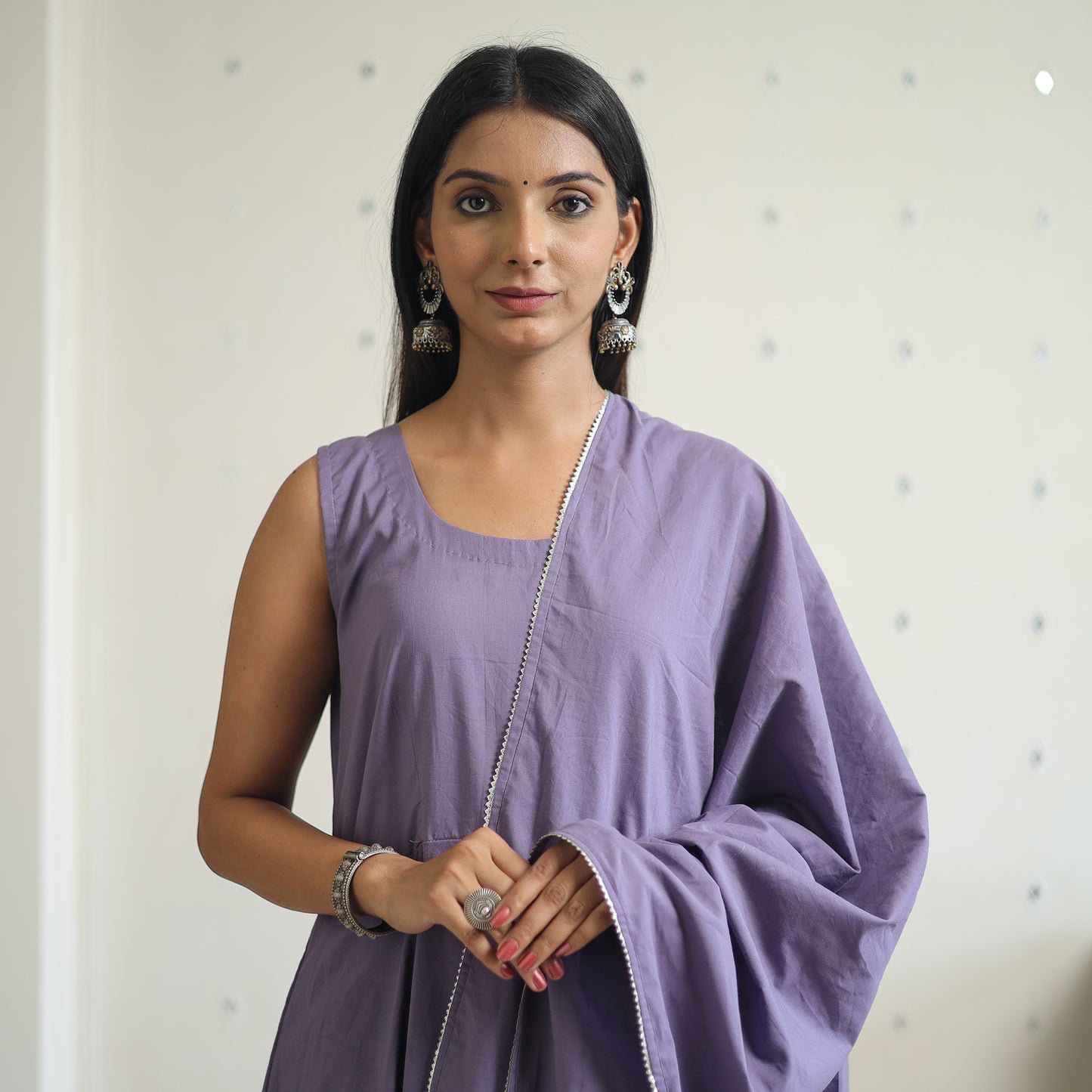 Buy Shuchi Light Purple Cotton Flared Kurta with Palazzo & Dupatta Set Online at iTokri.com