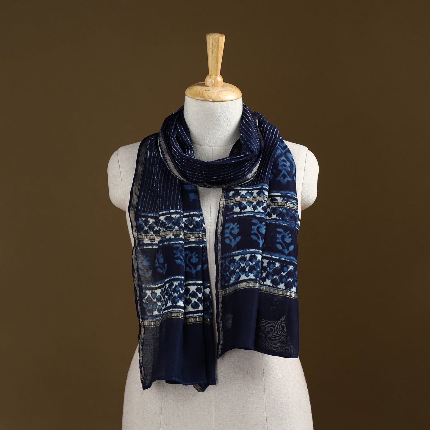Blue - Pipad Hand Block Print Natural Dyed Chanderi Silk Handloom Stole 35
