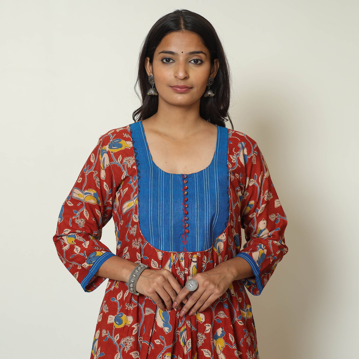Red - Kalamkari Printed Cotton A-Line Long Kurta with Patchwork 70