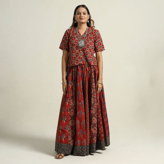 Red - Ajrakh Block Printed 24 Kali Patchwork Cotton Long Skirt 25