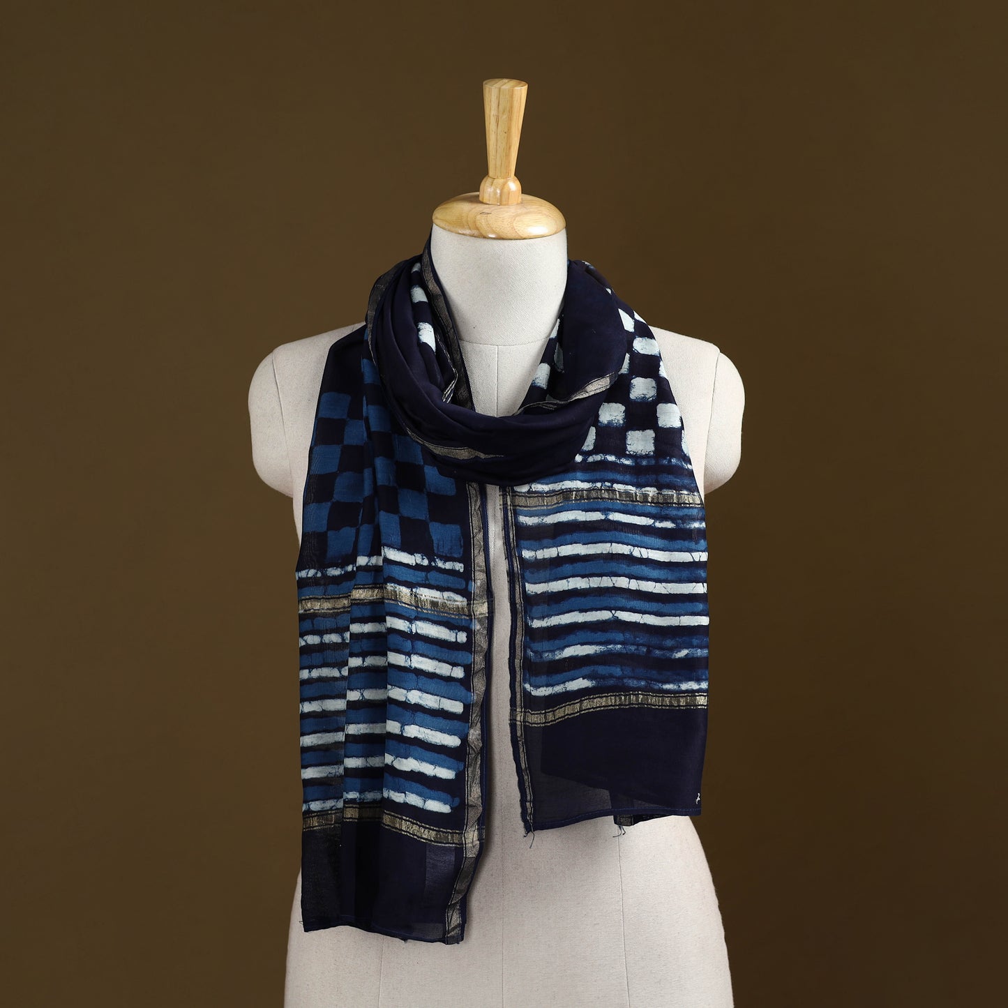 Blue - Pipad Hand Block Print Natural Dyed Chanderi Silk Handloom Stole 37