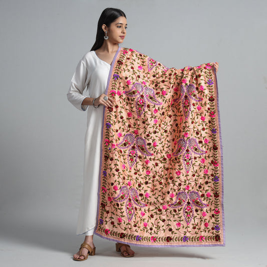 Beige - Ranihati Chanderi Silk Chapa Work Phulkari Embroidered Dupatta 18
