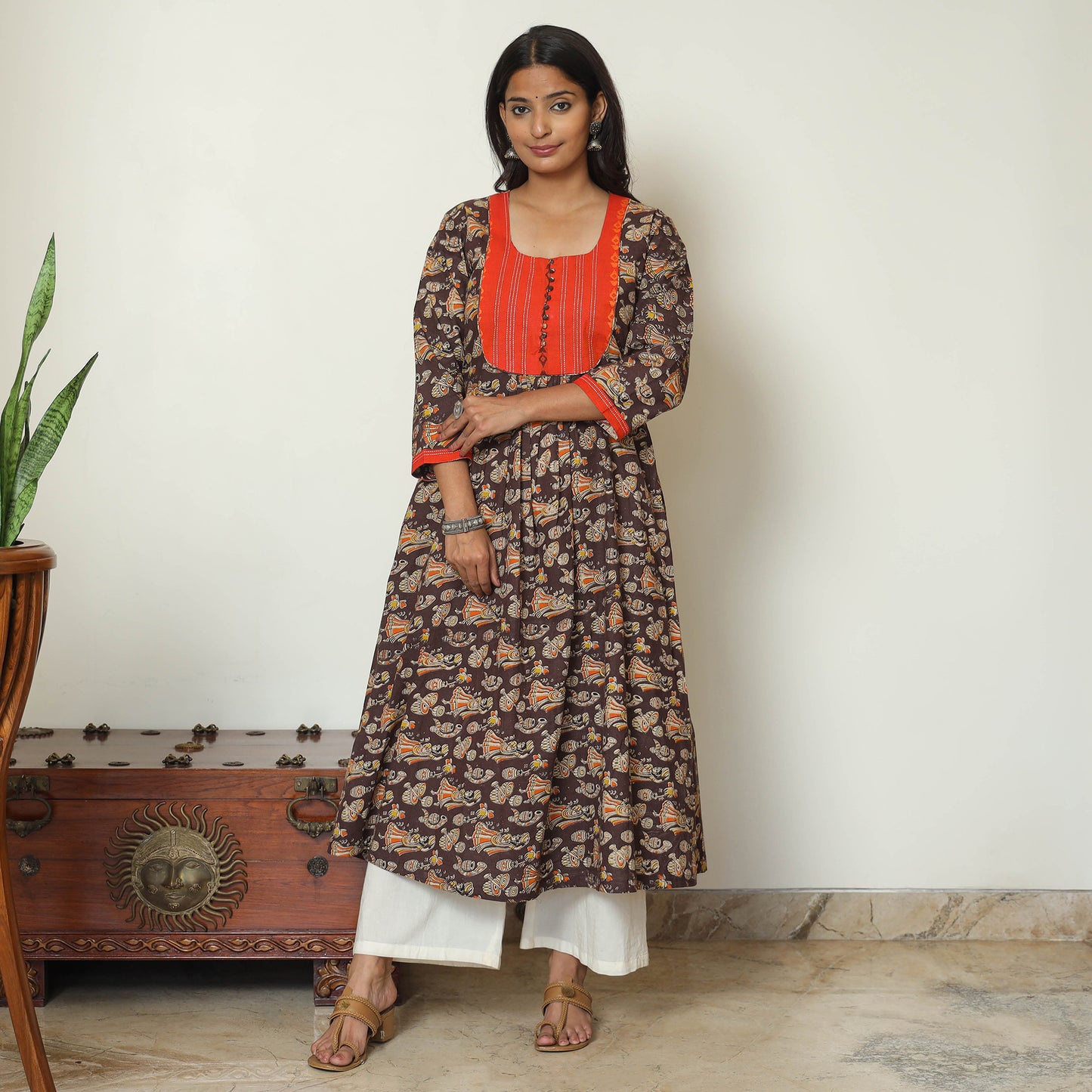 Buy Kalamkari Printed Cotton A-Line Long Kurta with Patchwork 71 Online at iTokri.com