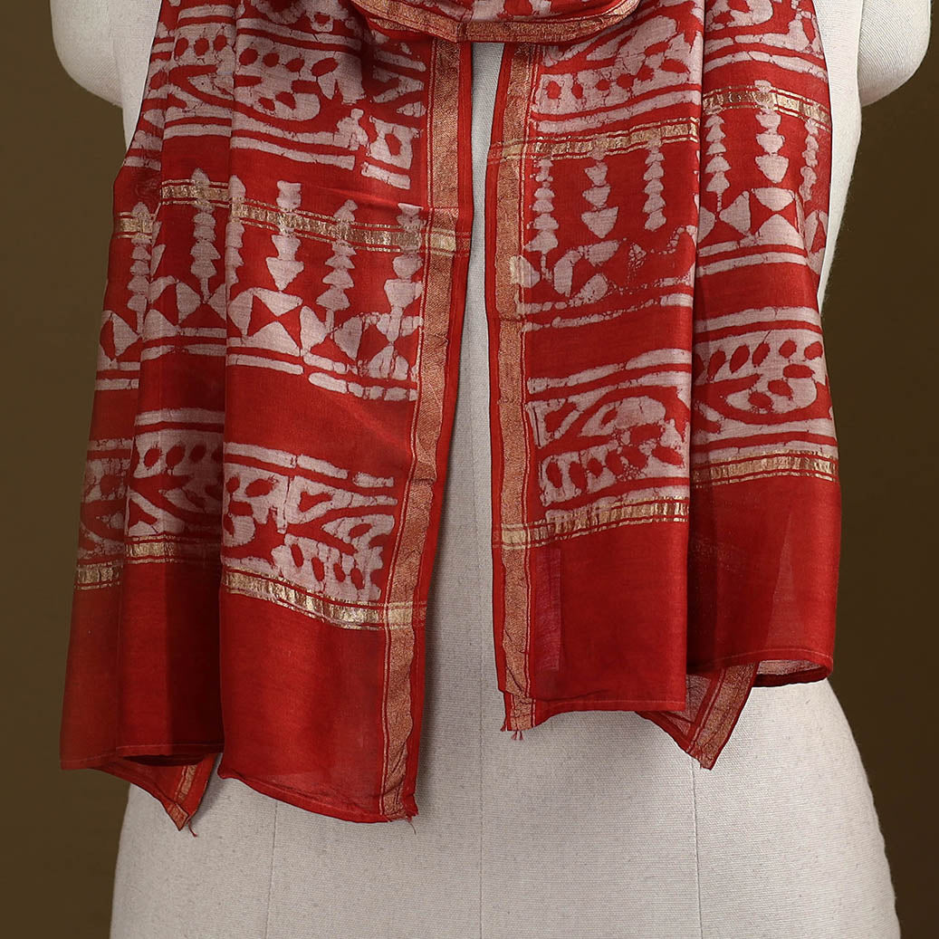 Red - Pipad Hand Block Print Natural Dyed Chanderi Silk Handloom Stole 39