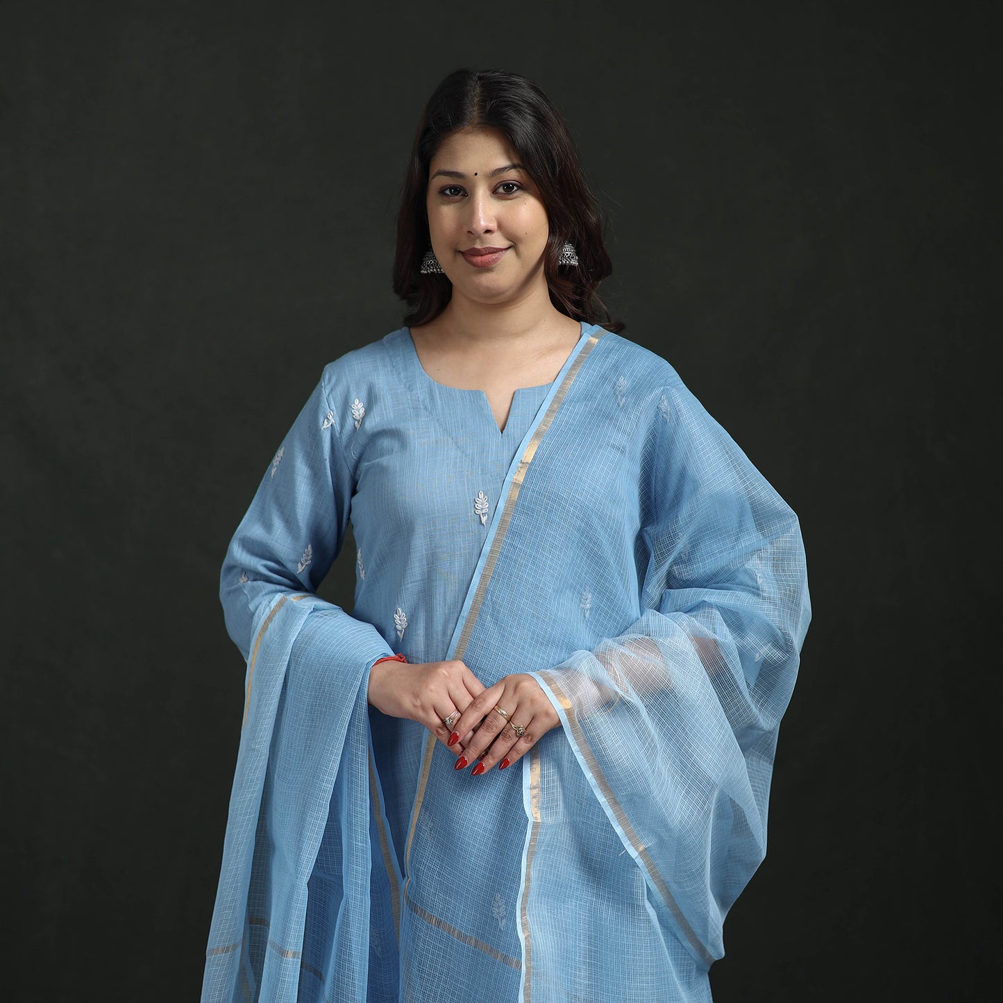 Blue - Plain Slub Cotton Hand Embroidered Suit Set with Dupatta for women 01