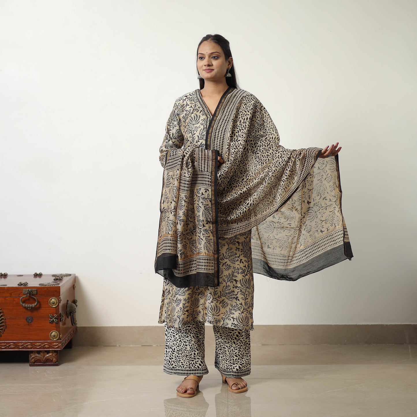 Buy Beige Chanderi Silk Hand Block Bagru Print Kurta Set