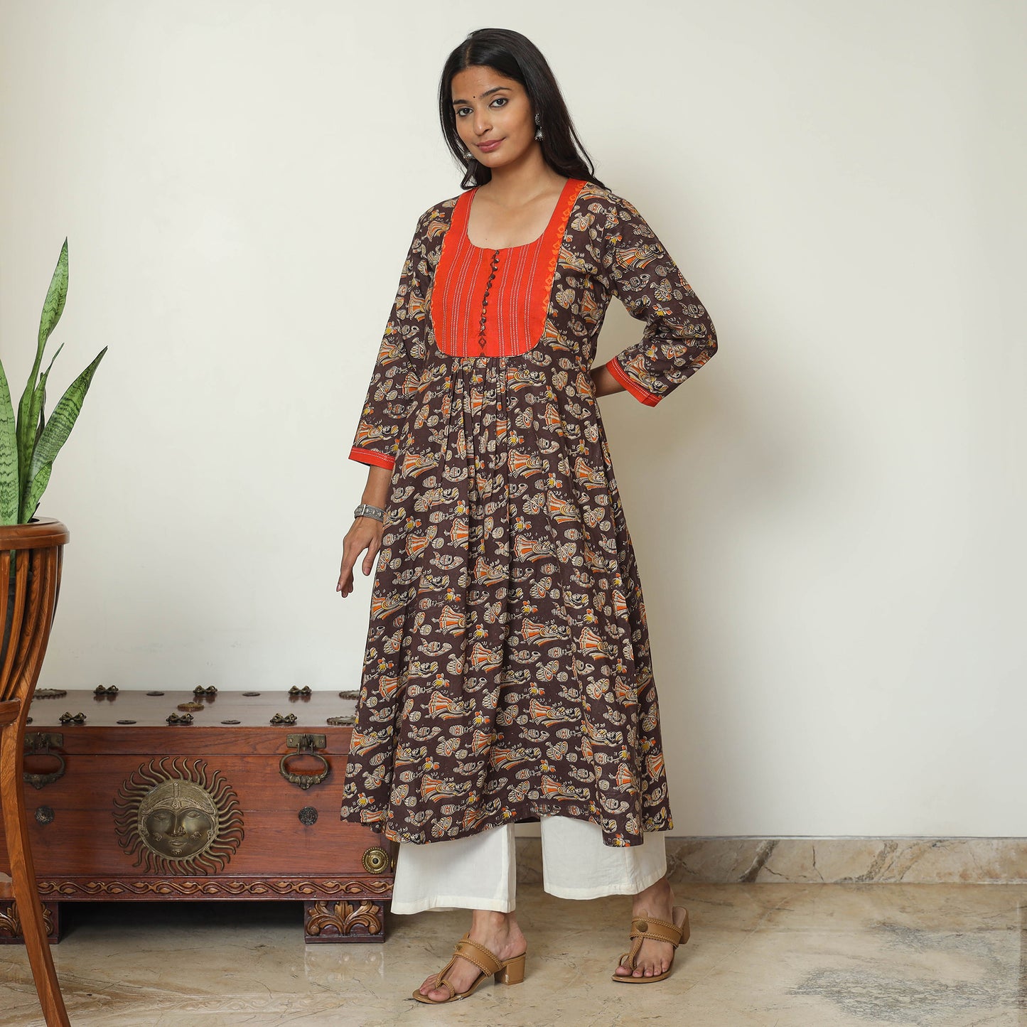 Buy Kalamkari Printed Cotton A-Line Long Kurta with Patchwork 71 Online at iTokri.com
