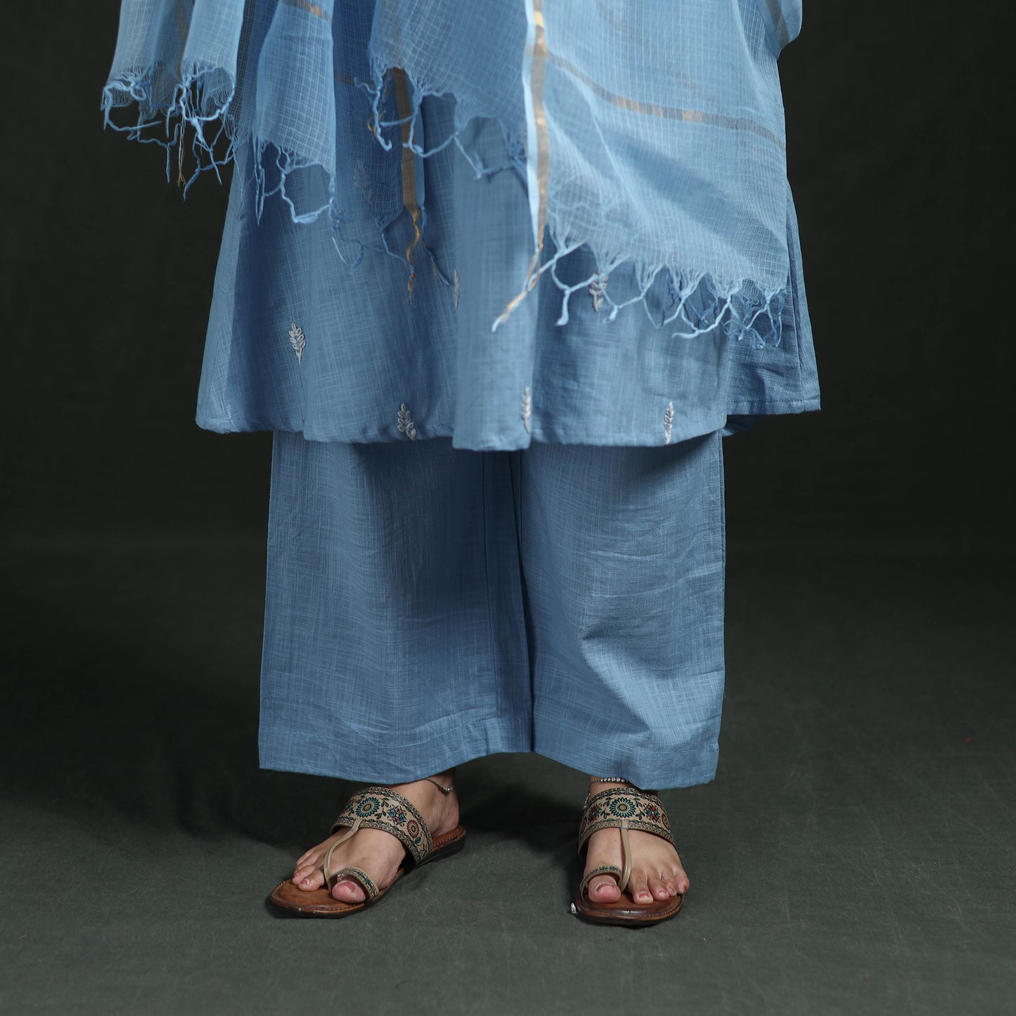 Blue - Plain Slub Cotton Hand Embroidered Suit Set with Dupatta for women 01