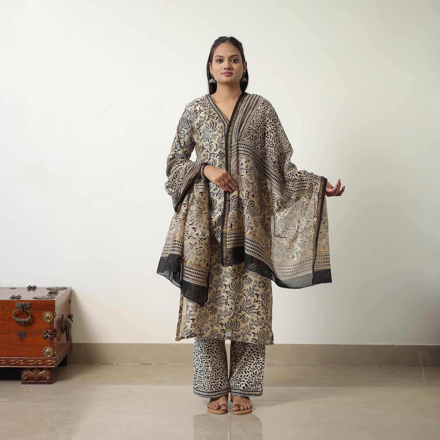 Buy Beige Chanderi Silk Hand Block Bagru Print Kurta Set