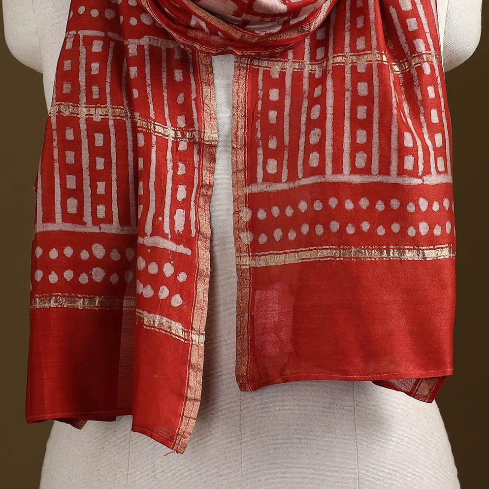 Red - Pipad Hand Block Print Natural Dyed Chanderi Silk Handloom Stole 40