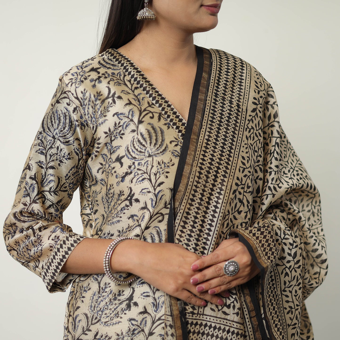 Buy Beige Chanderi Silk Hand Block Bagru Print Kurta Set