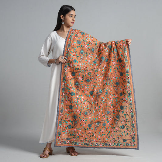 Brown - Ranihati Chanderi Silk Chapa Work Phulkari Embroidered Dupatta 19