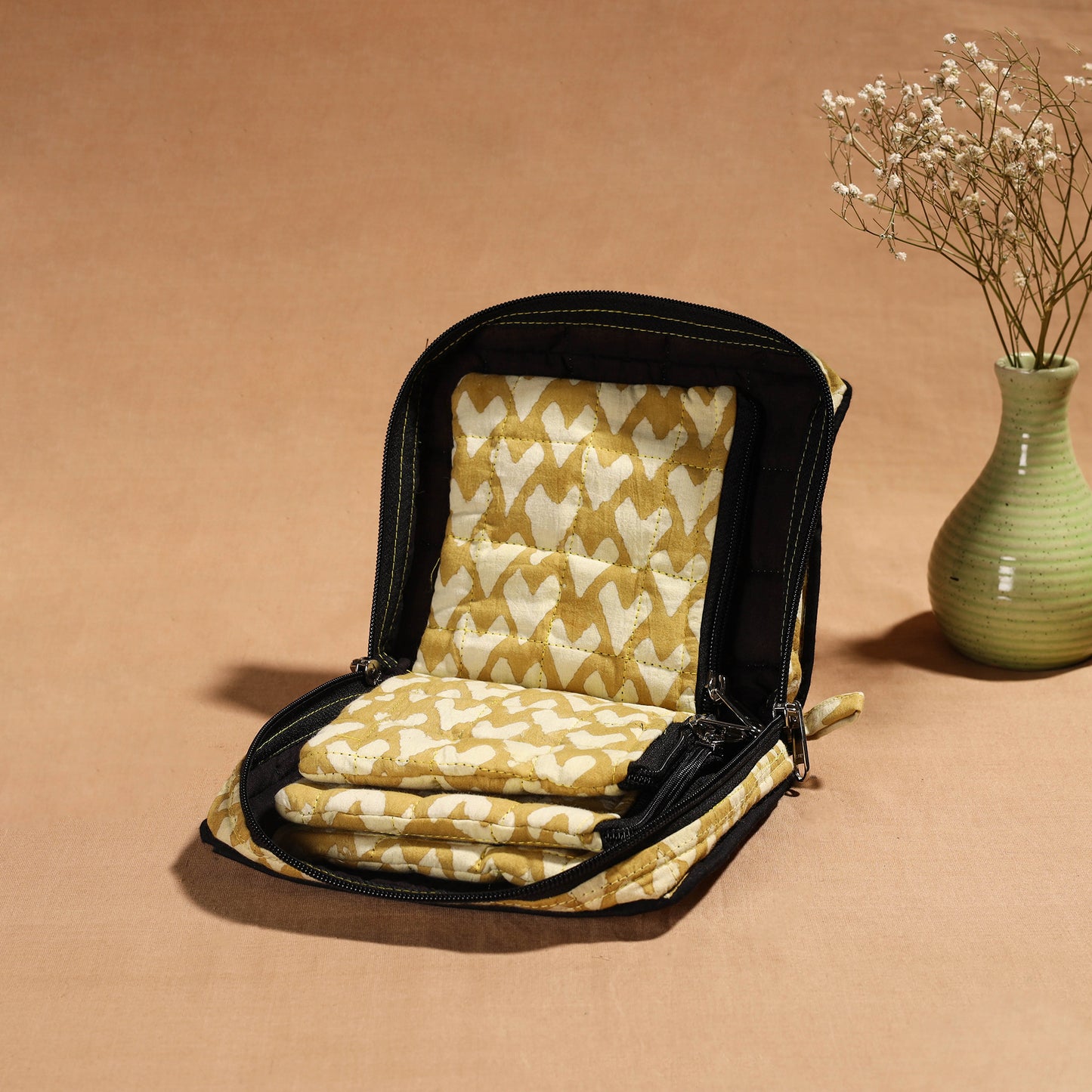 Yellow Handmade 4 Pockets Cotton Jewellery Bag