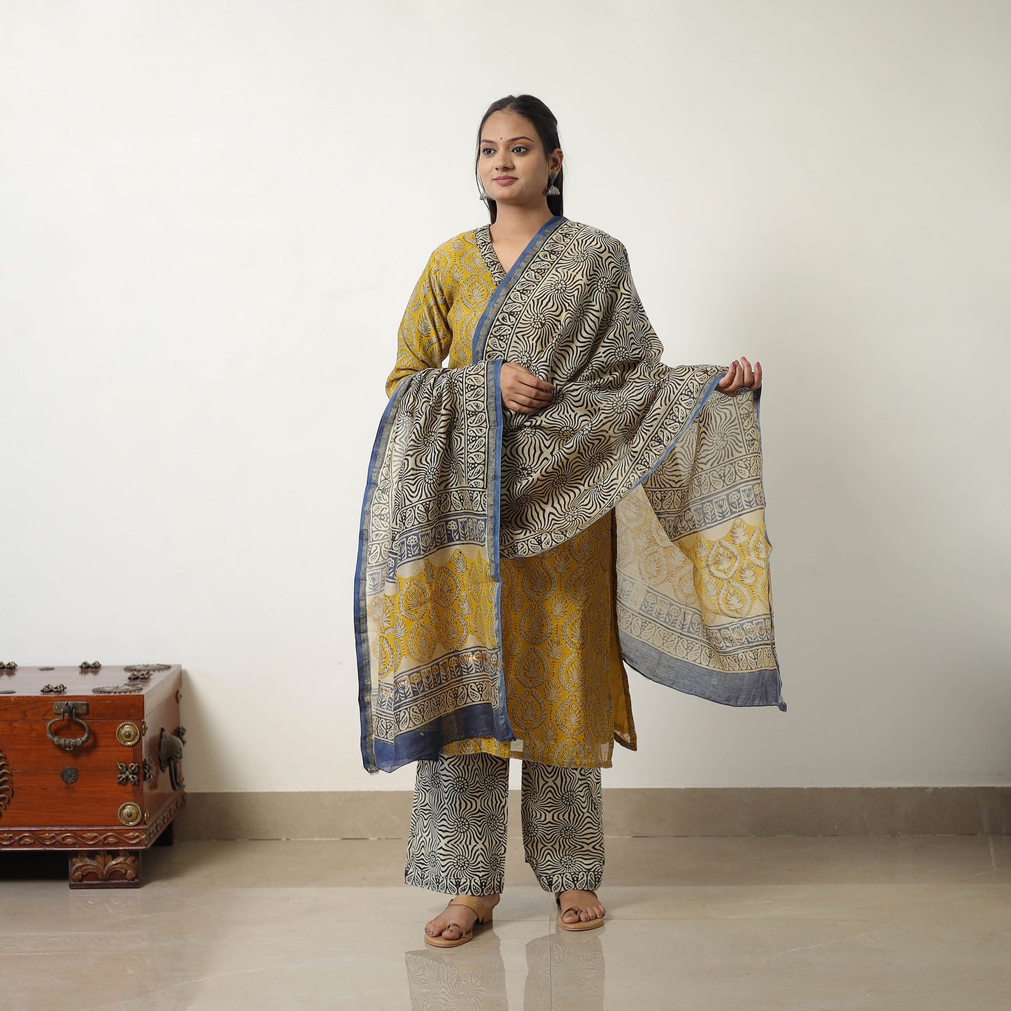 Yellow - Chanderi Silk Hand Block Bagru Print Kurta Set 04