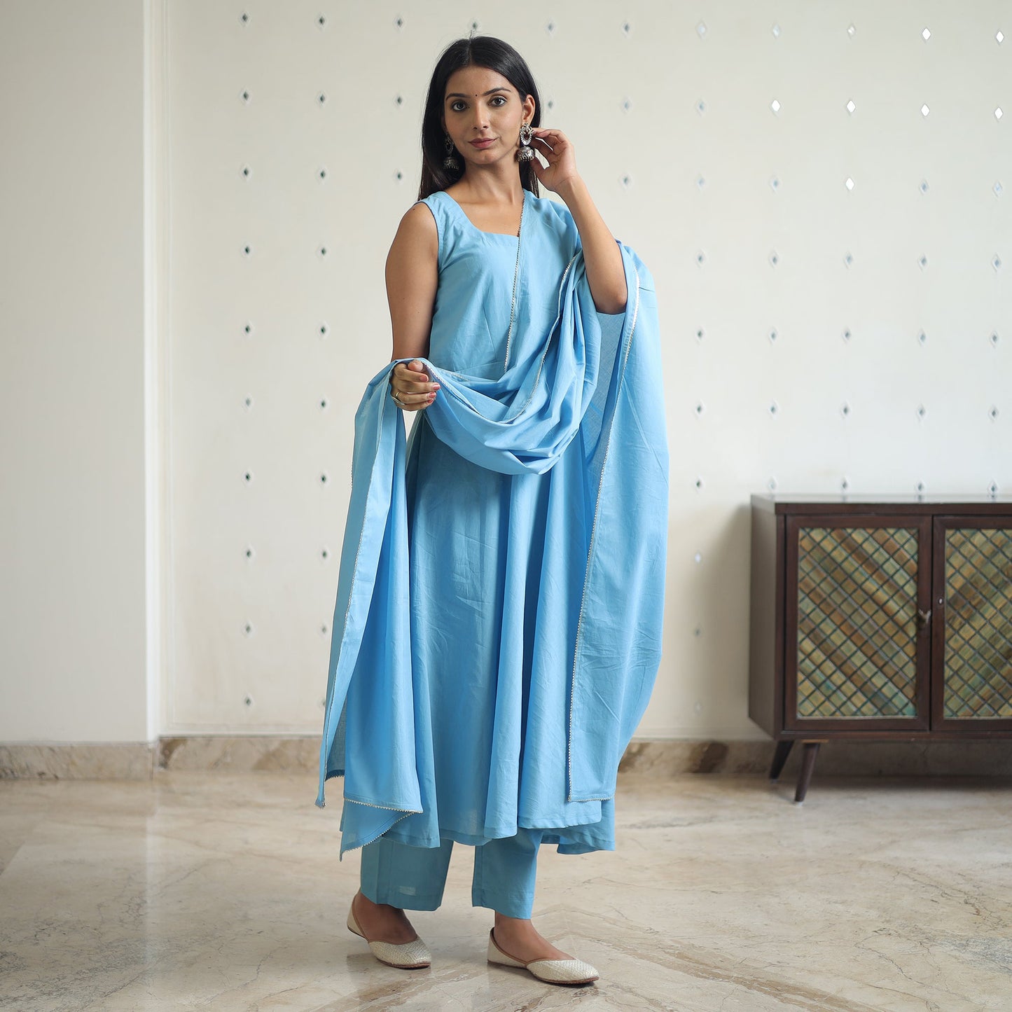 Buy Jasleen Blue Cotton Flared Kurta with Palazzo & Dupatta Set Online at iTokri.com