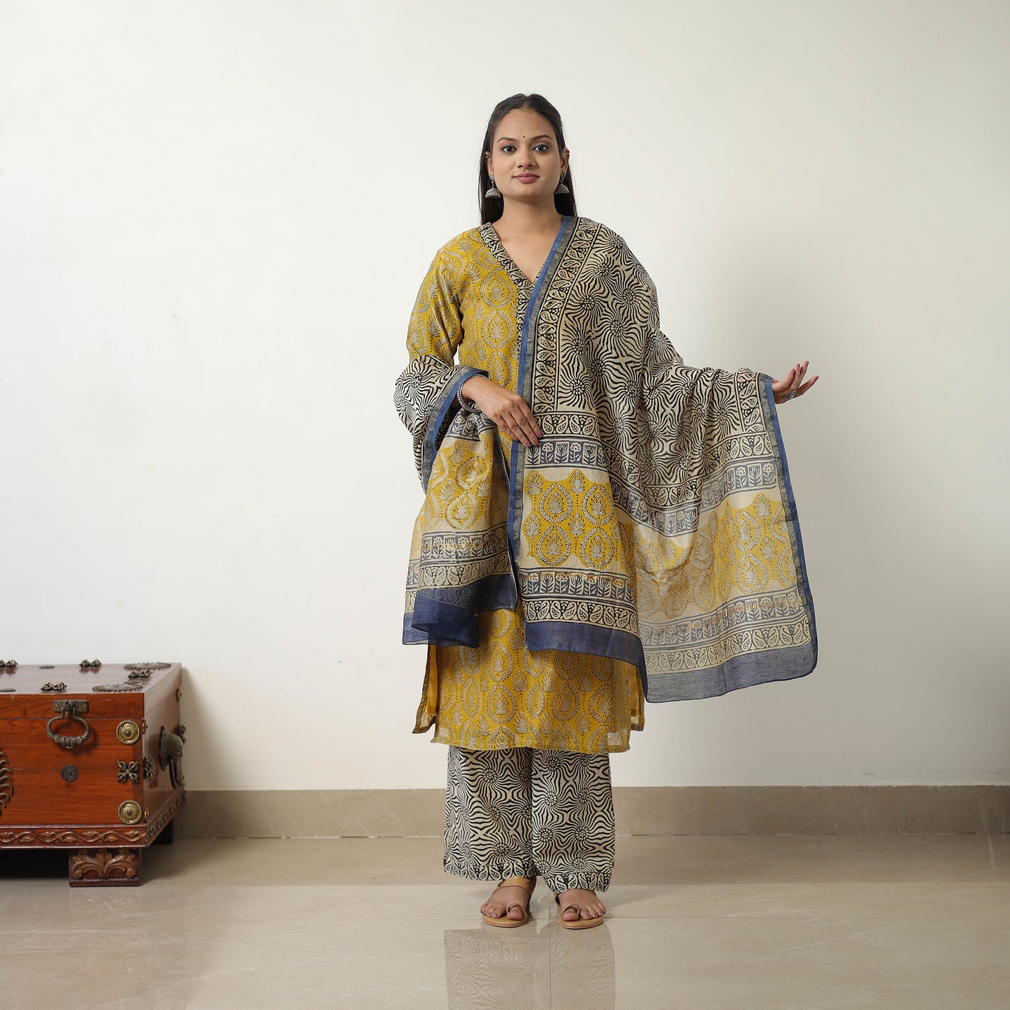 Yellow - Chanderi Silk Hand Block Bagru Print Kurta Set 04