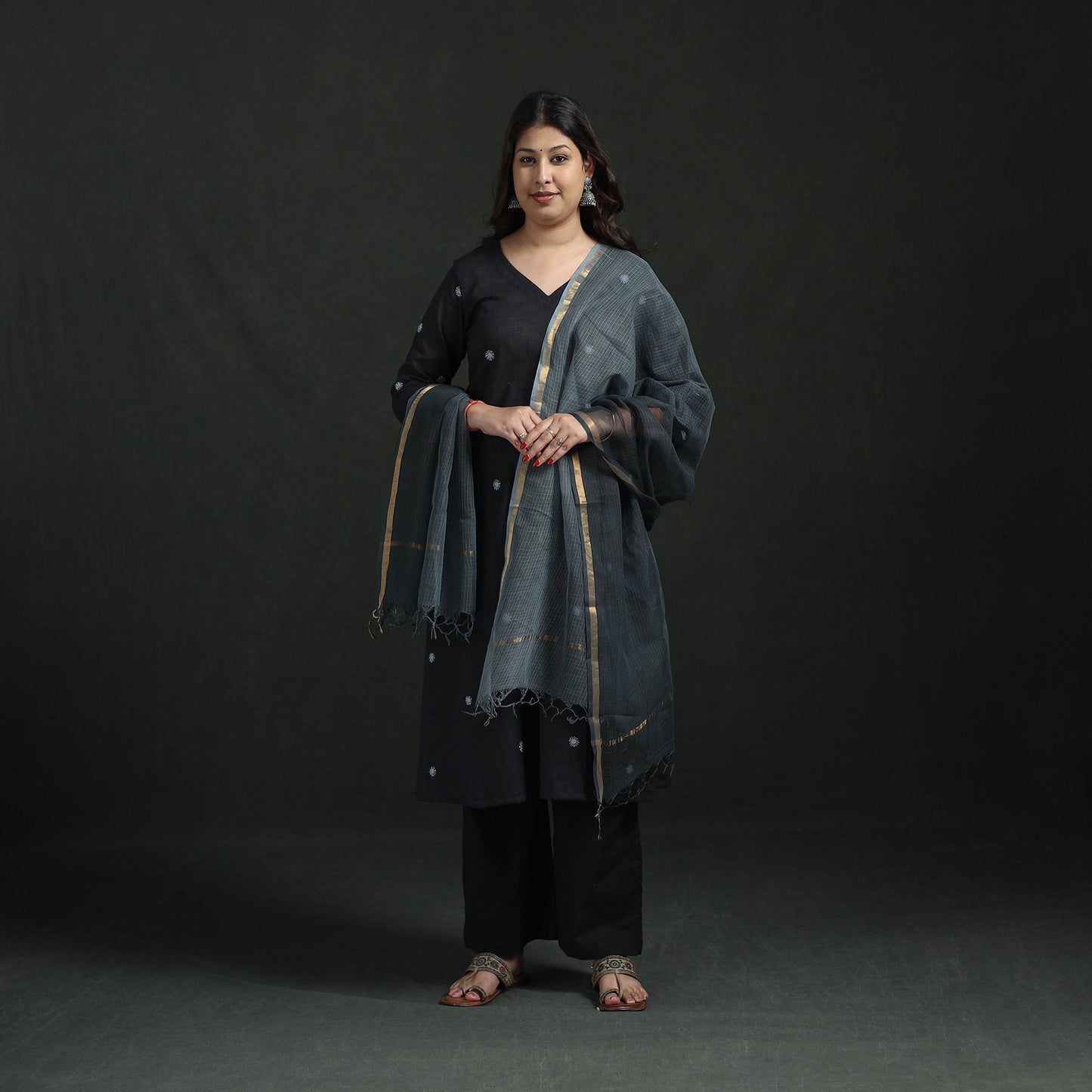 Plain Slub Cotton Hand Embroidered Suit Set with Dupatta for women 06