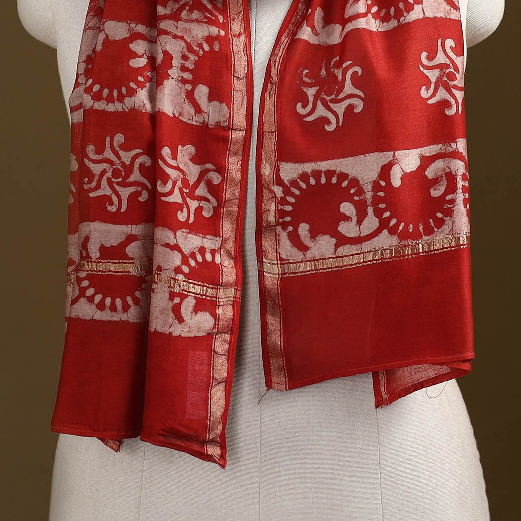 Red - Pipad Hand Block Print Natural Dyed Chanderi Silk Handloom Stole 46