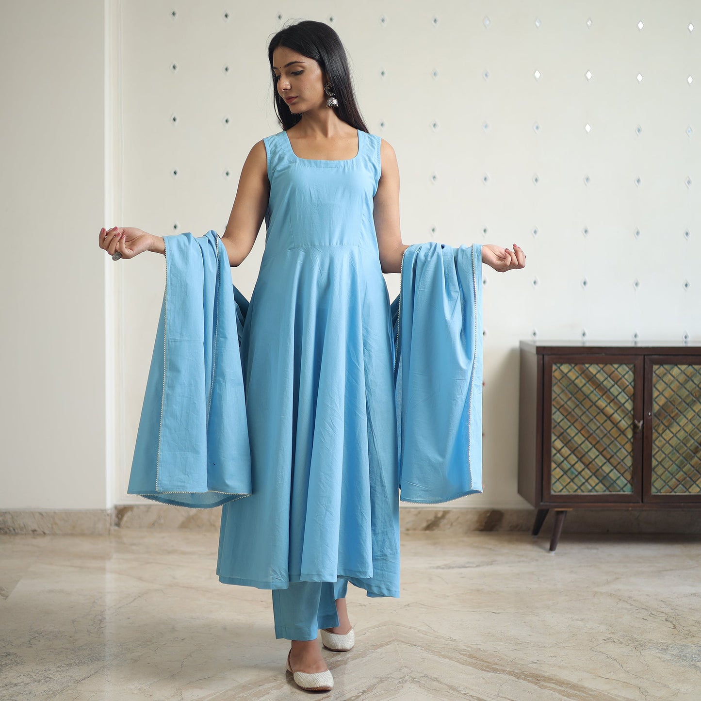Buy Jasleen Blue Cotton Flared Kurta with Palazzo & Dupatta Set Online at iTokri.com