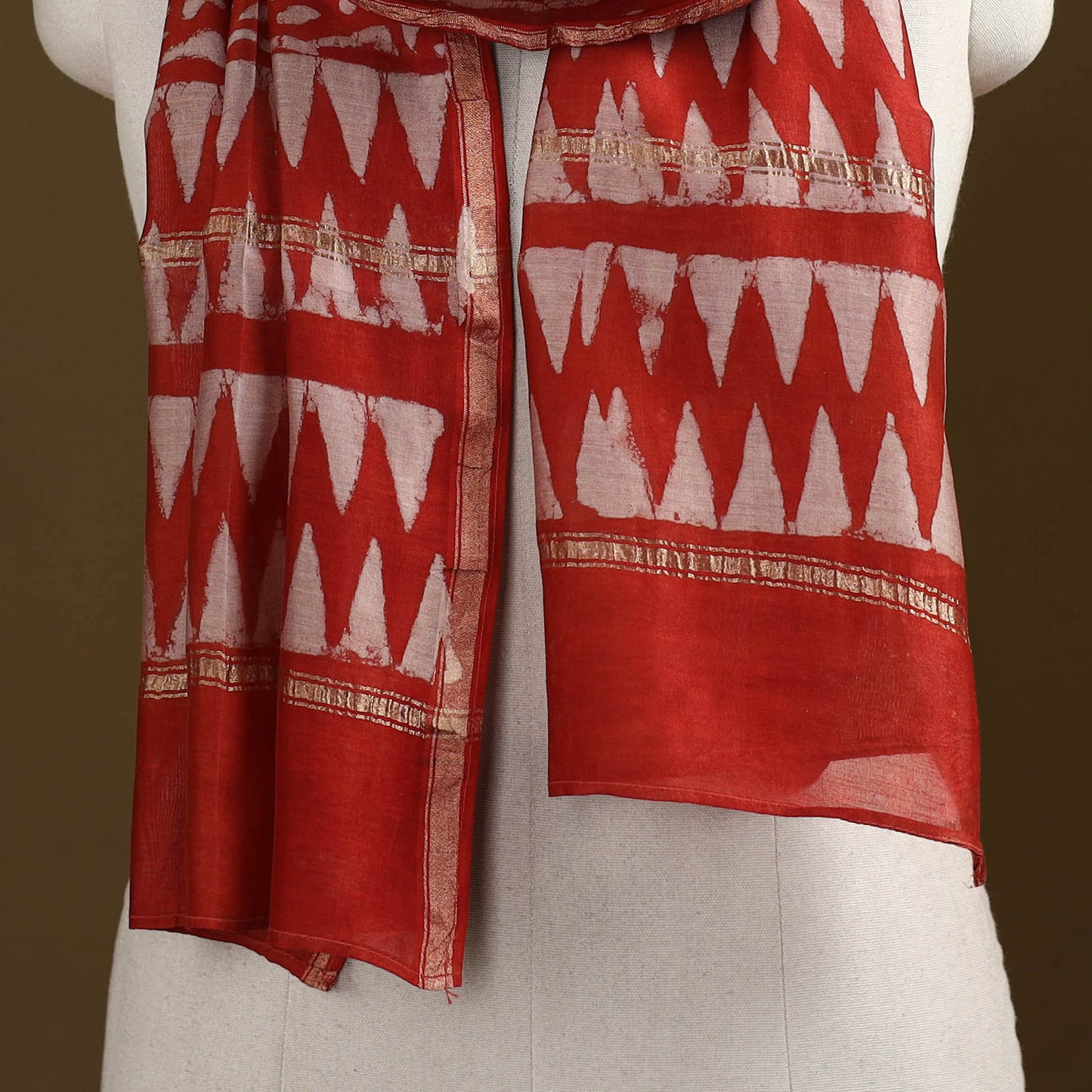 Red - Pipad Hand Block Print Natural Dyed Chanderi Silk Handloom Stole 47
