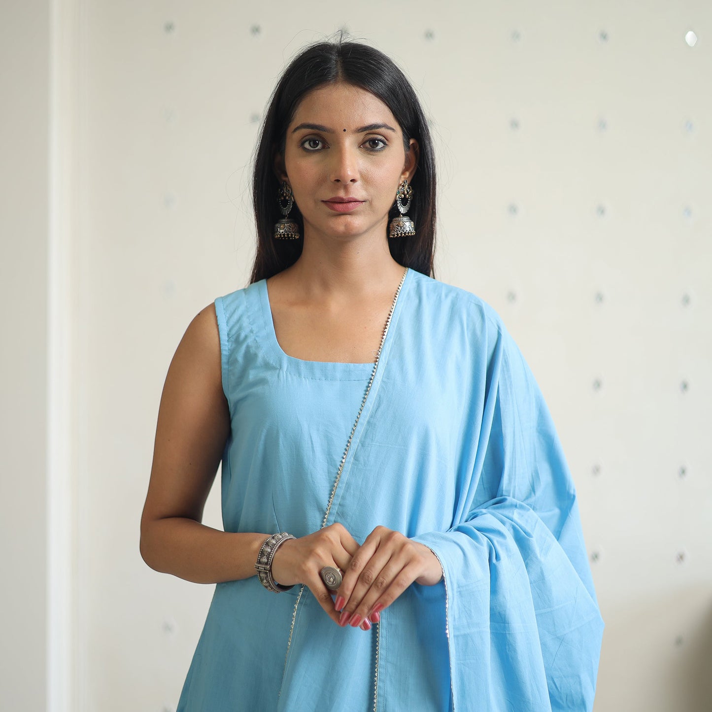 Buy Jasleen Blue Cotton Flared Kurta with Palazzo & Dupatta Set Online at iTokri.com