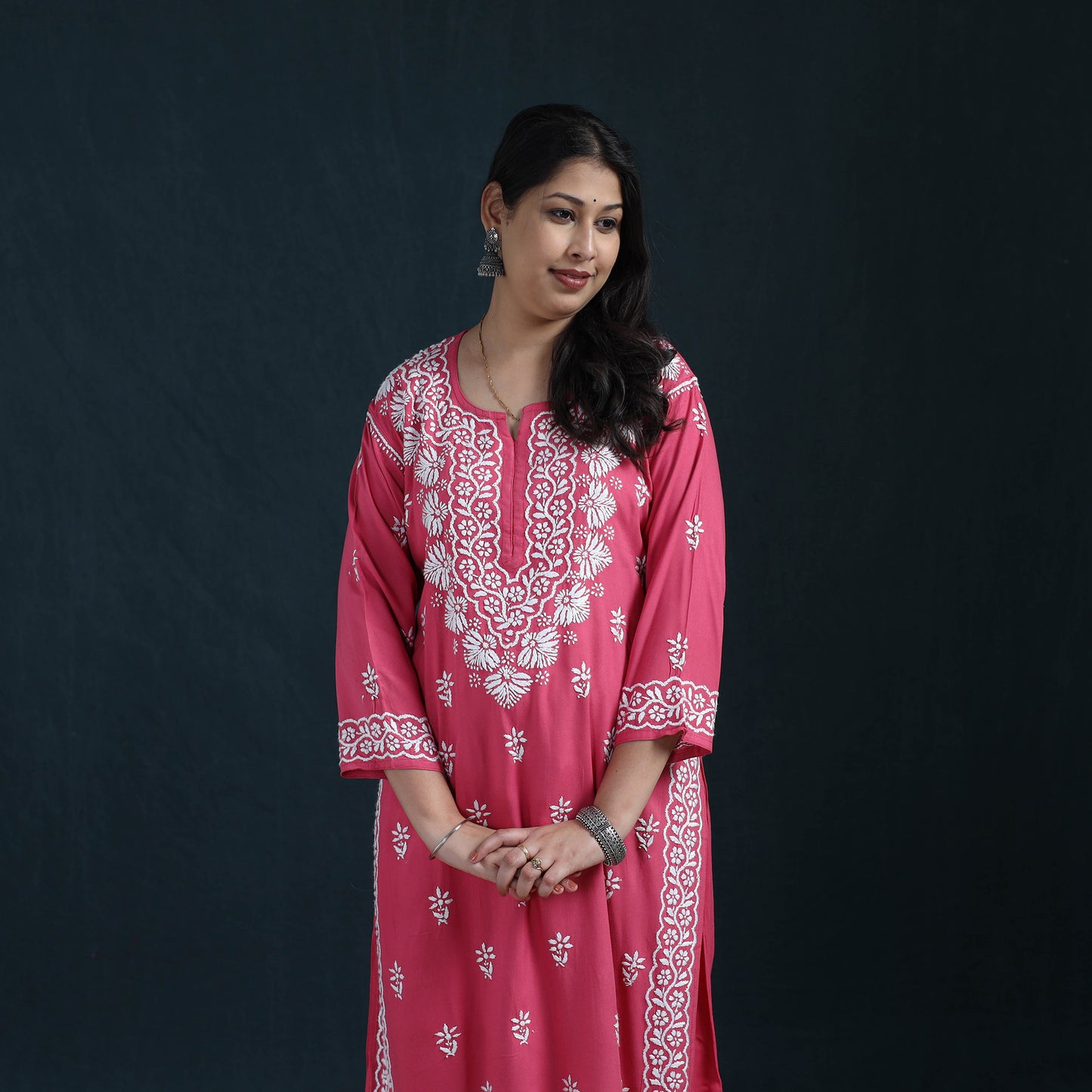 Pink - Hand Embroidered Rayon Chikankari Kurta with Palazzo Set for Women 11