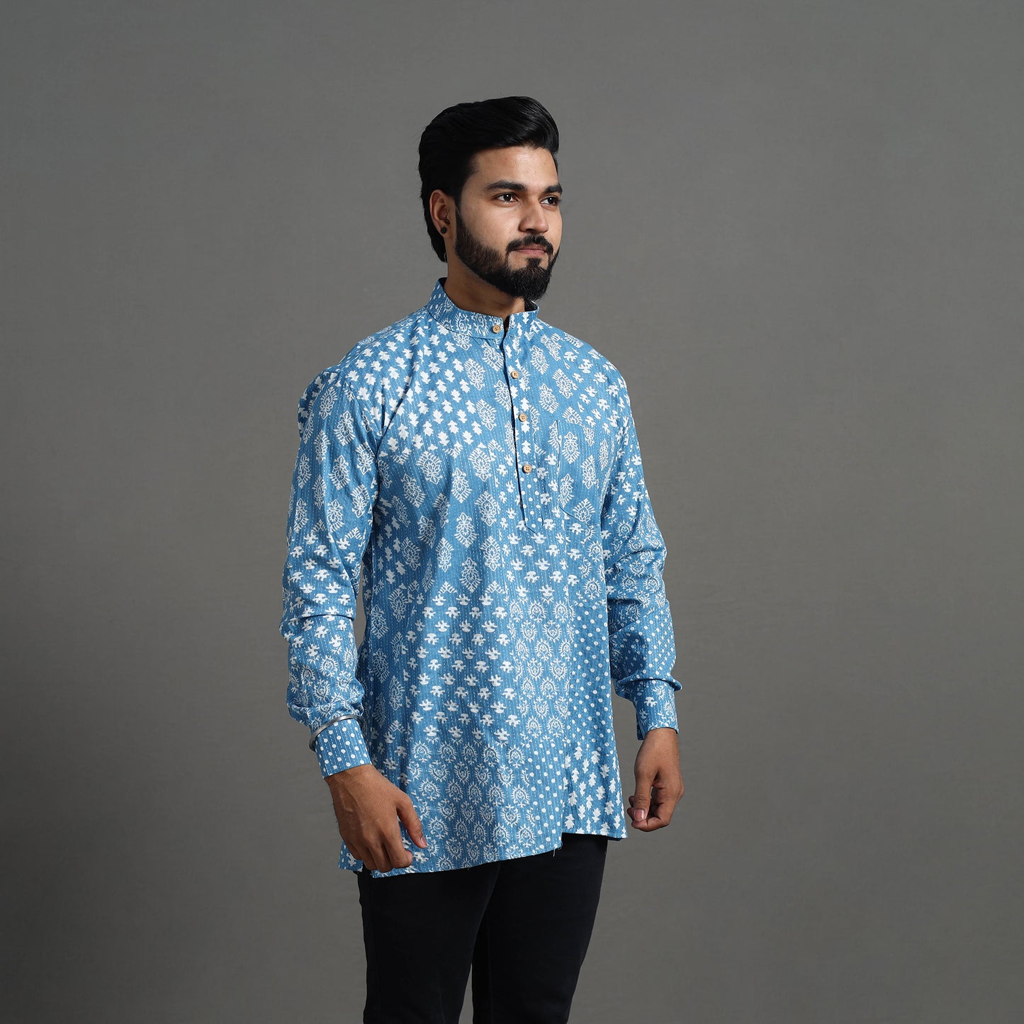 Kantha Stitch Cotton Short Sanganeri Kurta for Men 10