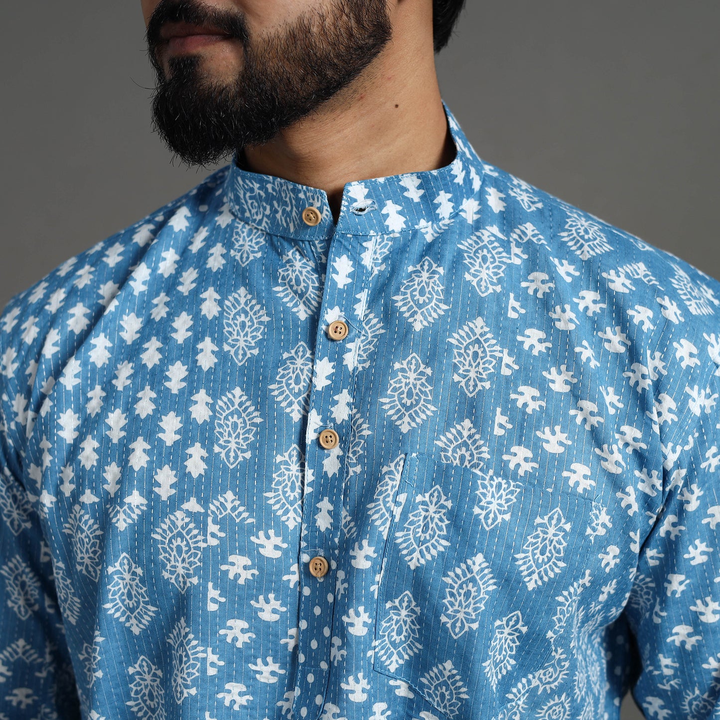 Kantha Stitch Cotton Short Sanganeri Kurta for Men 10