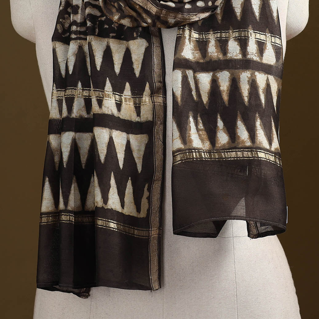Brown - Pipad Hand Block Print Natural Dyed Chanderi Silk Handloom Stole 50