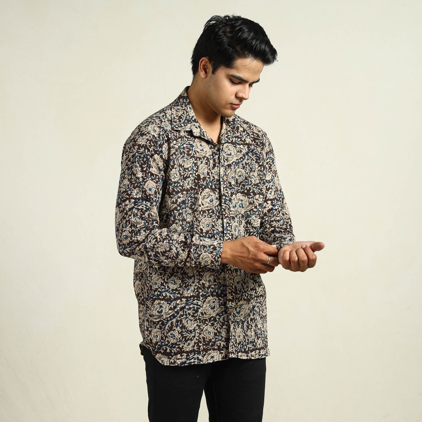 Black - Kalamkari Block Printed Cotton Men Full Sleeve Shirt 15