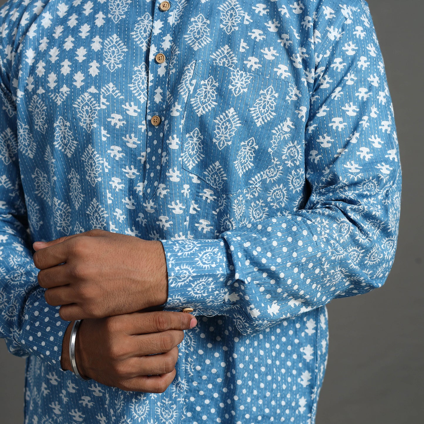 Kantha Stitch Cotton Short Sanganeri Kurta for Men 10
