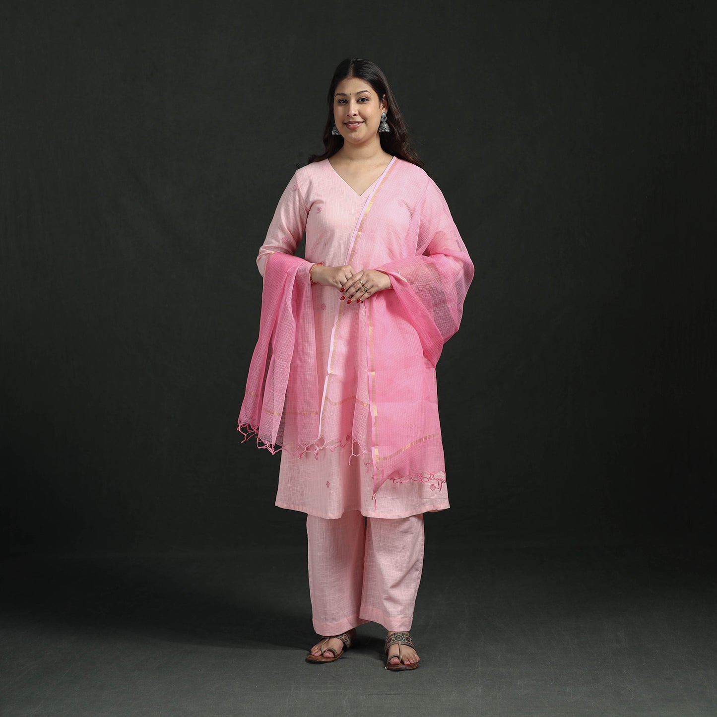 Plain Slub Cotton Hand Embroidered Suit Set with Dupatta for women 07