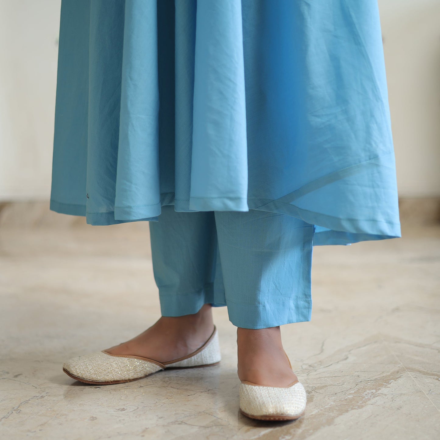 Buy Jasleen Blue Cotton Flared Kurta with Palazzo & Dupatta Set Online at iTokri.com