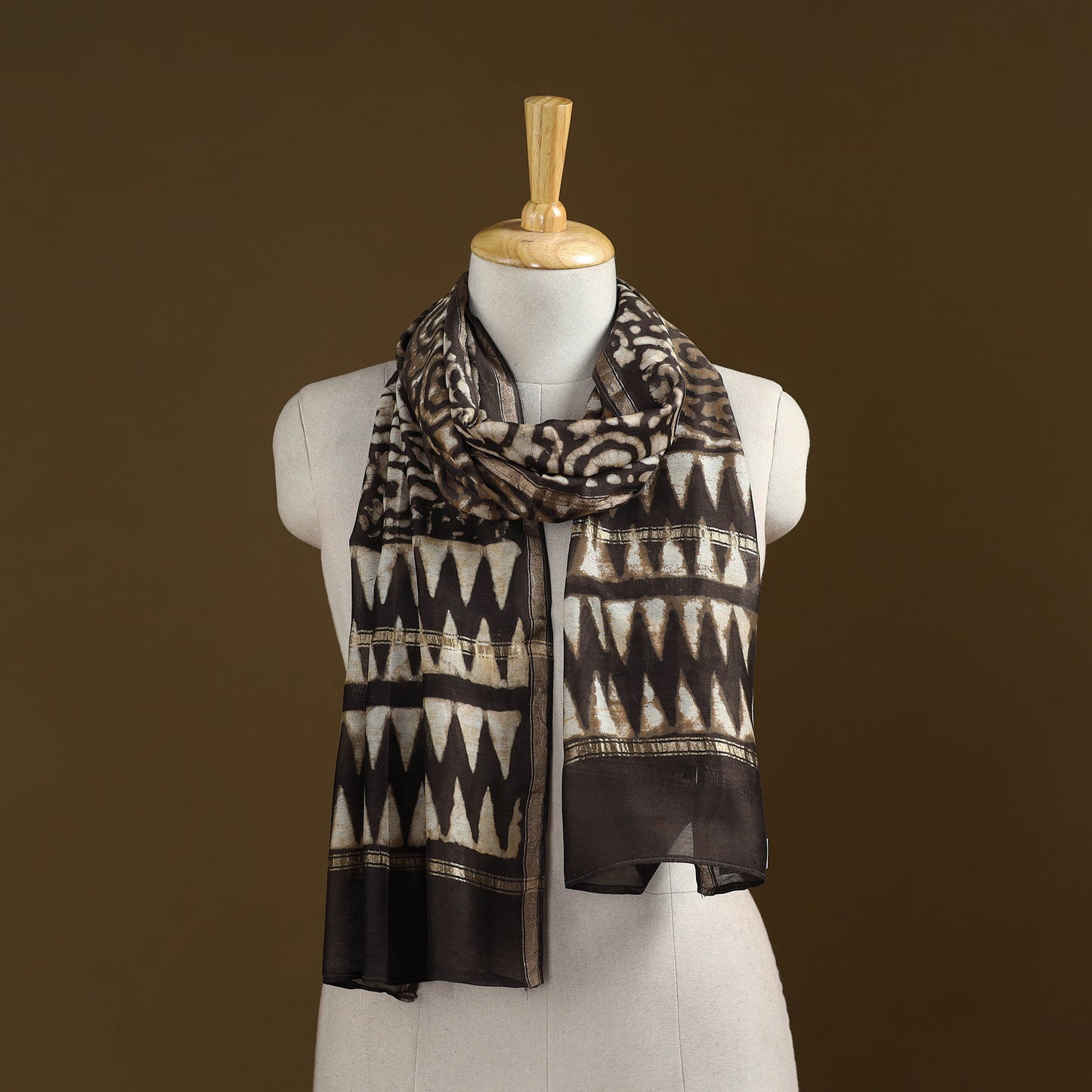 Brown - Pipad Hand Block Print Natural Dyed Chanderi Silk Handloom Stole 50