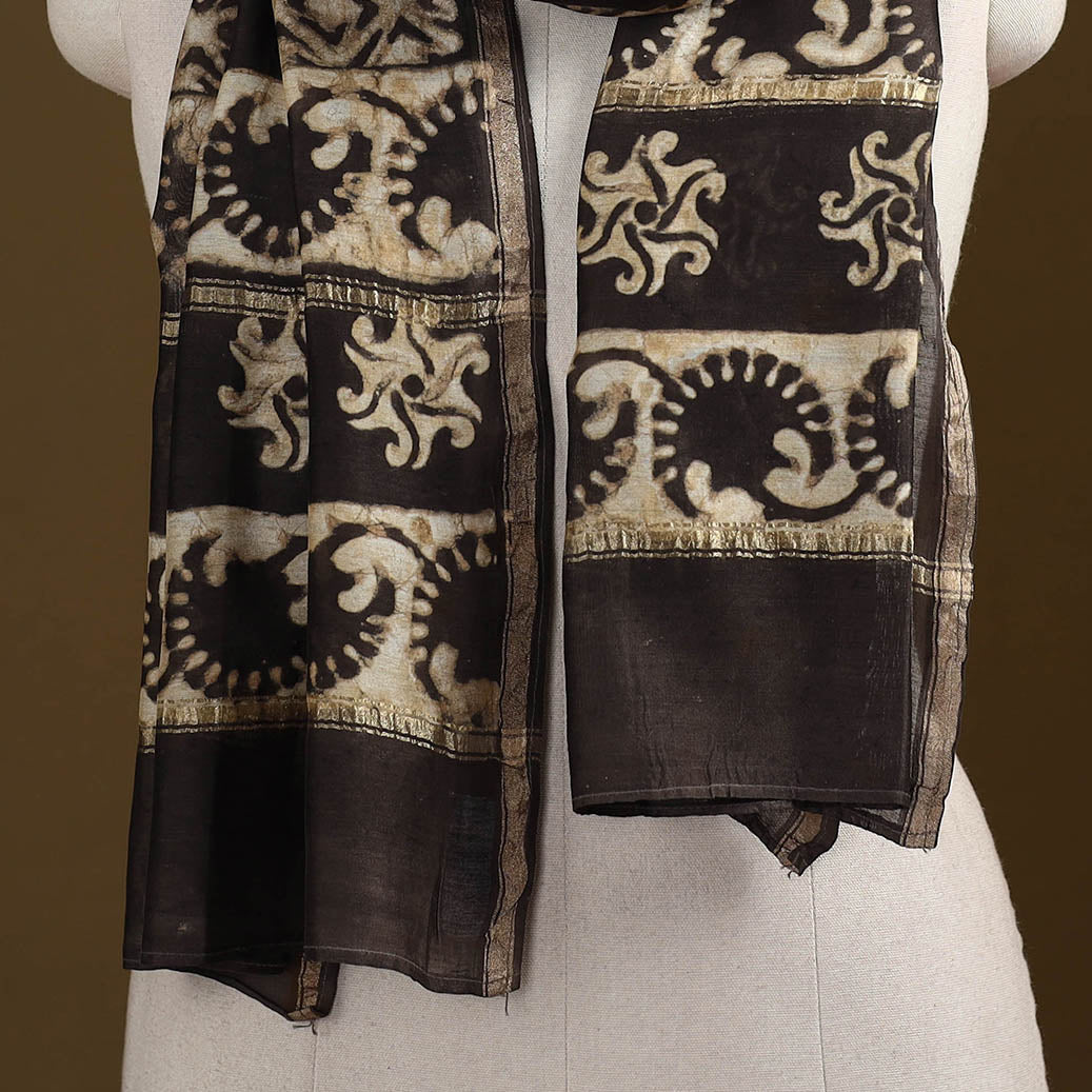 Brown - Pipad Hand Block Print Natural Dyed Chanderi Silk Handloom Stole 51