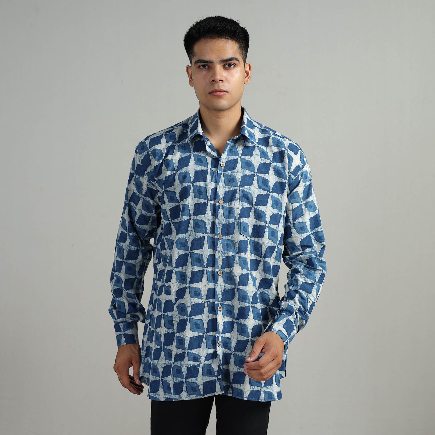 Blue - Indigo Block Printed Cotton Men Full Sleeve Shirt 16