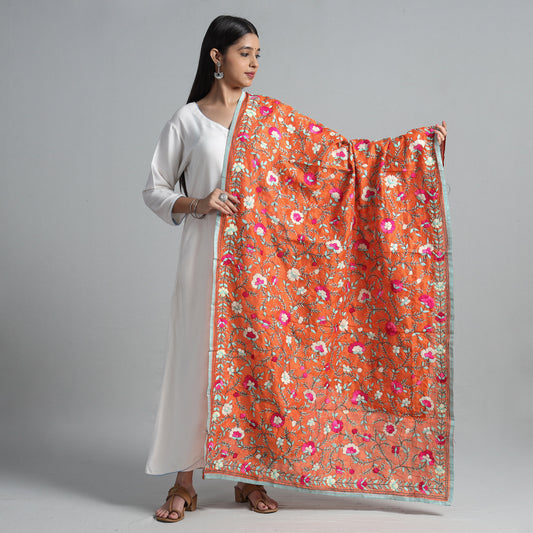 Orange - Ranihati Chanderi Silk Chapa Work Phulkari Embroidered Dupatta 21