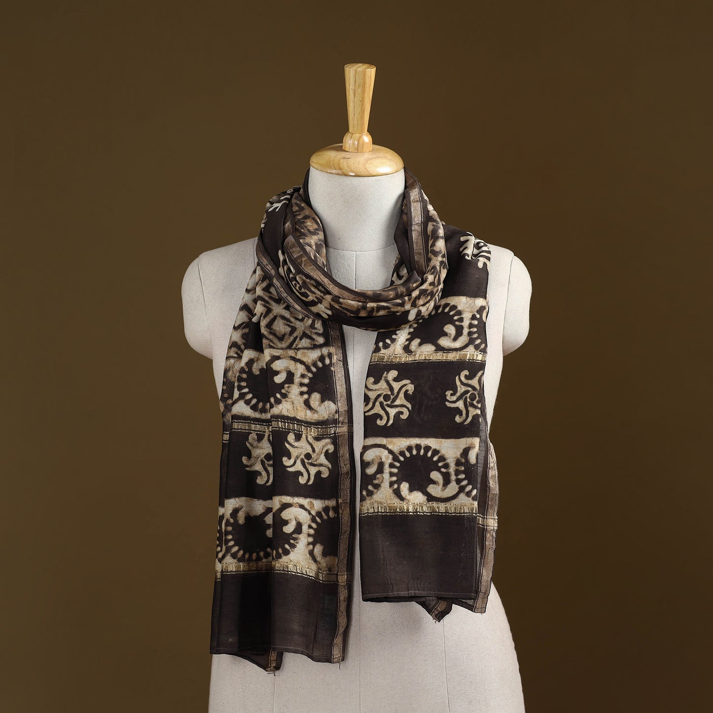 Brown - Pipad Hand Block Print Natural Dyed Chanderi Silk Handloom Stole 51