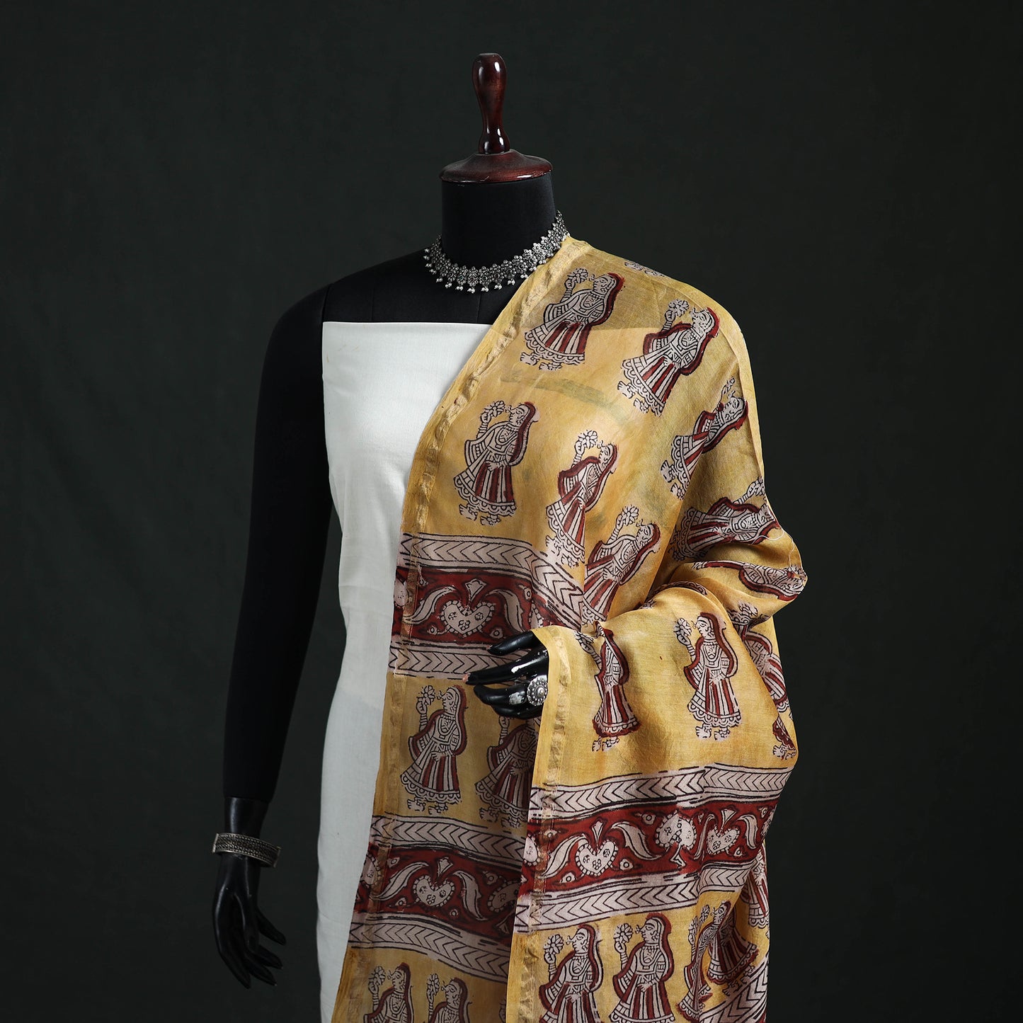 Yellow - Mata Ni Pachedi Handpainted Natural Dyed Chanderi Silk Handloom Dupatta 11