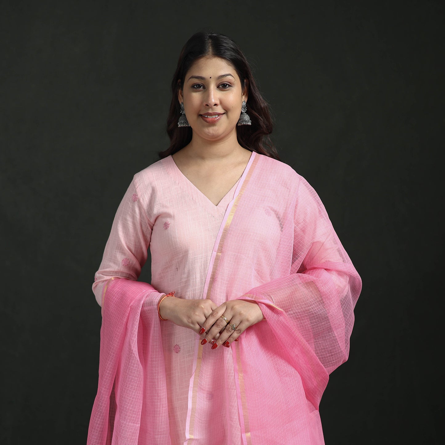 Plain Slub Cotton Hand Embroidered Suit Set with Dupatta for women 07