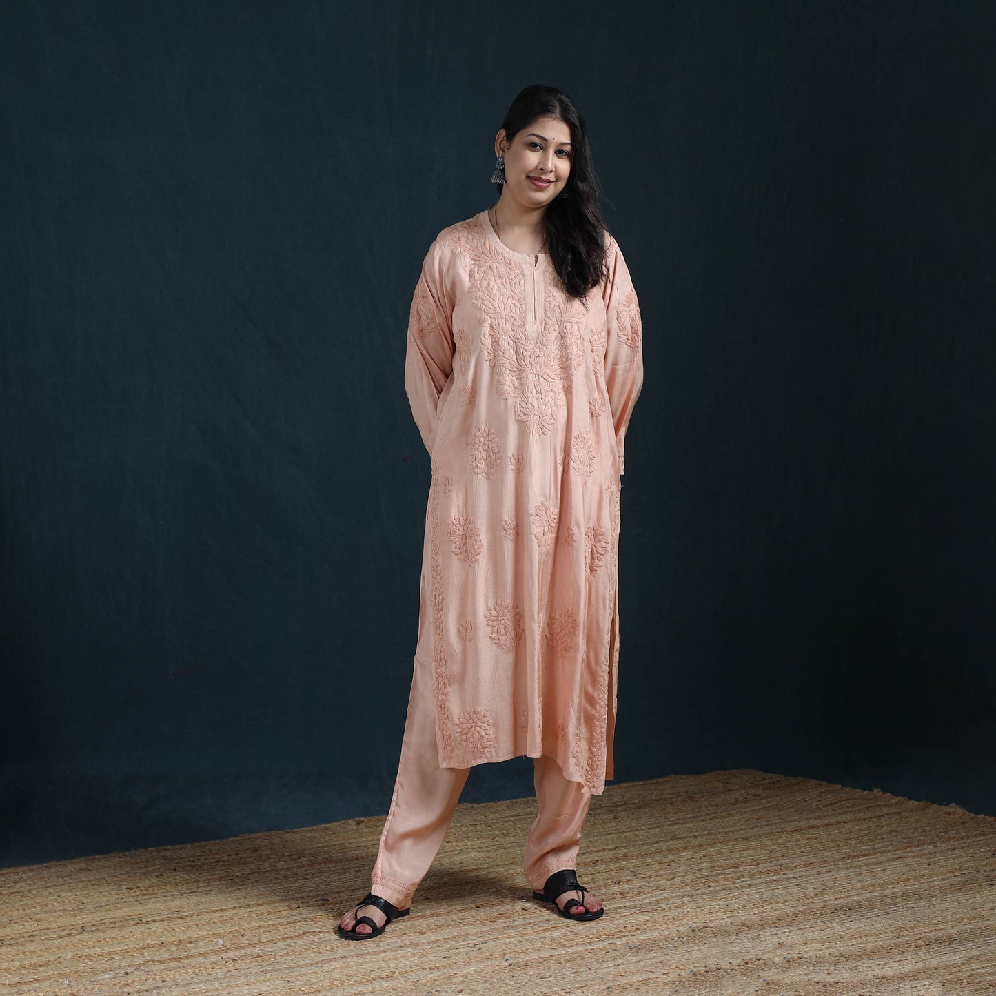 Peach - Hand Embroidered Muslin Chikankari Kurta with Pant Set for Women 23