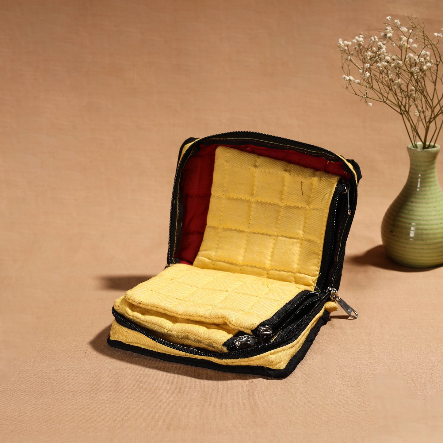 Yellow Handmade 4 Pockets Cotton Jewellery Bag
