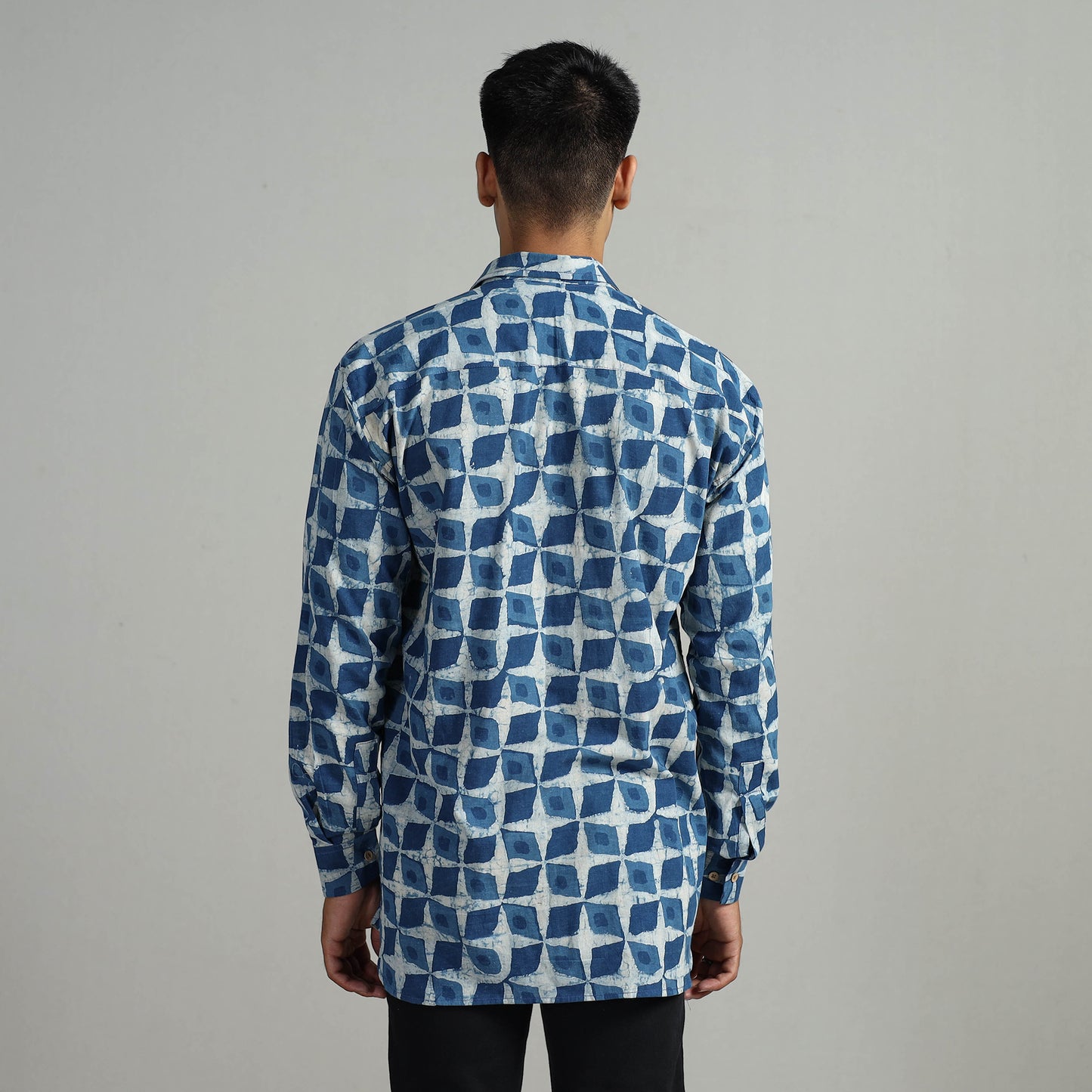 Blue - Indigo Block Printed Cotton Men Full Sleeve Shirt 16