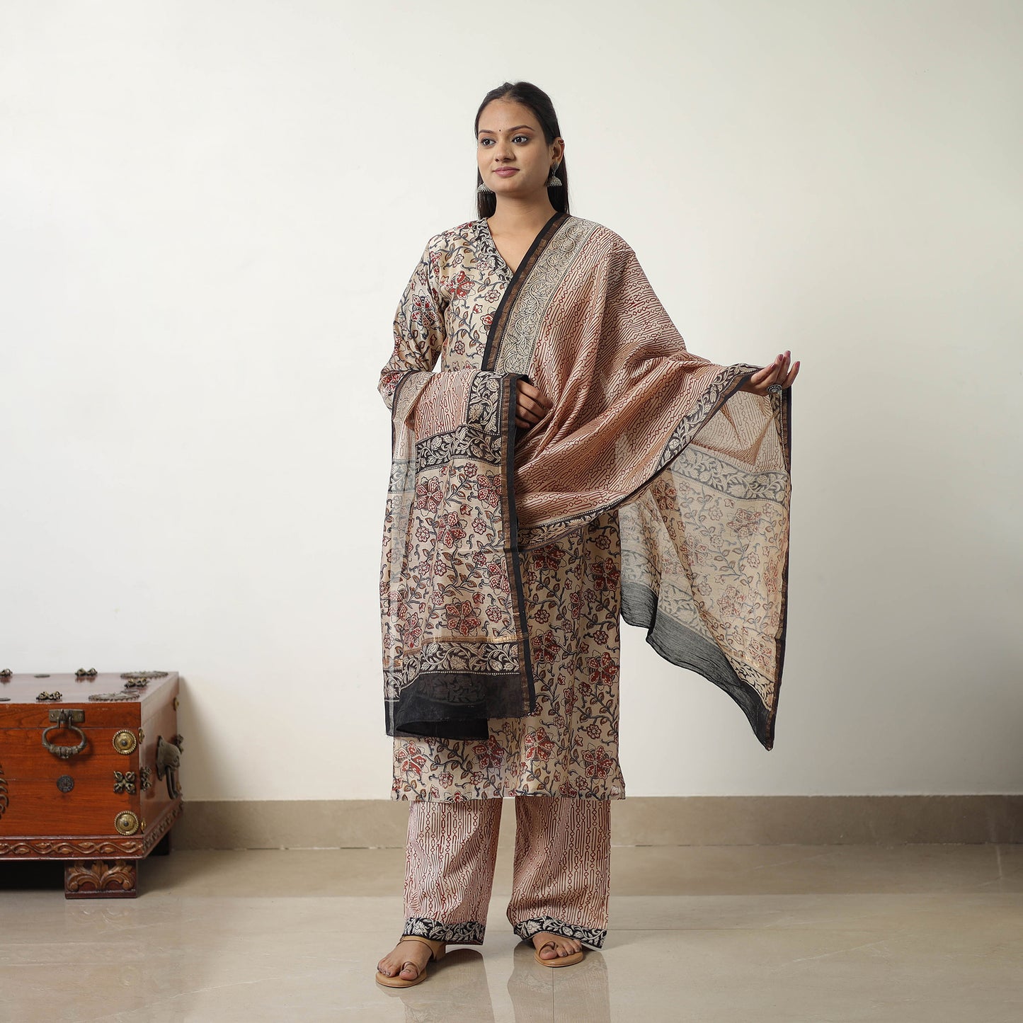 Buy Beige Chanderi Silk Hand Block Bagru Print Kurta Set