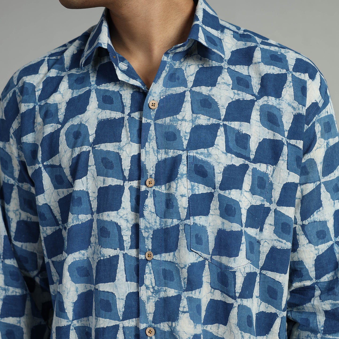 Blue - Indigo Block Printed Cotton Men Full Sleeve Shirt 16