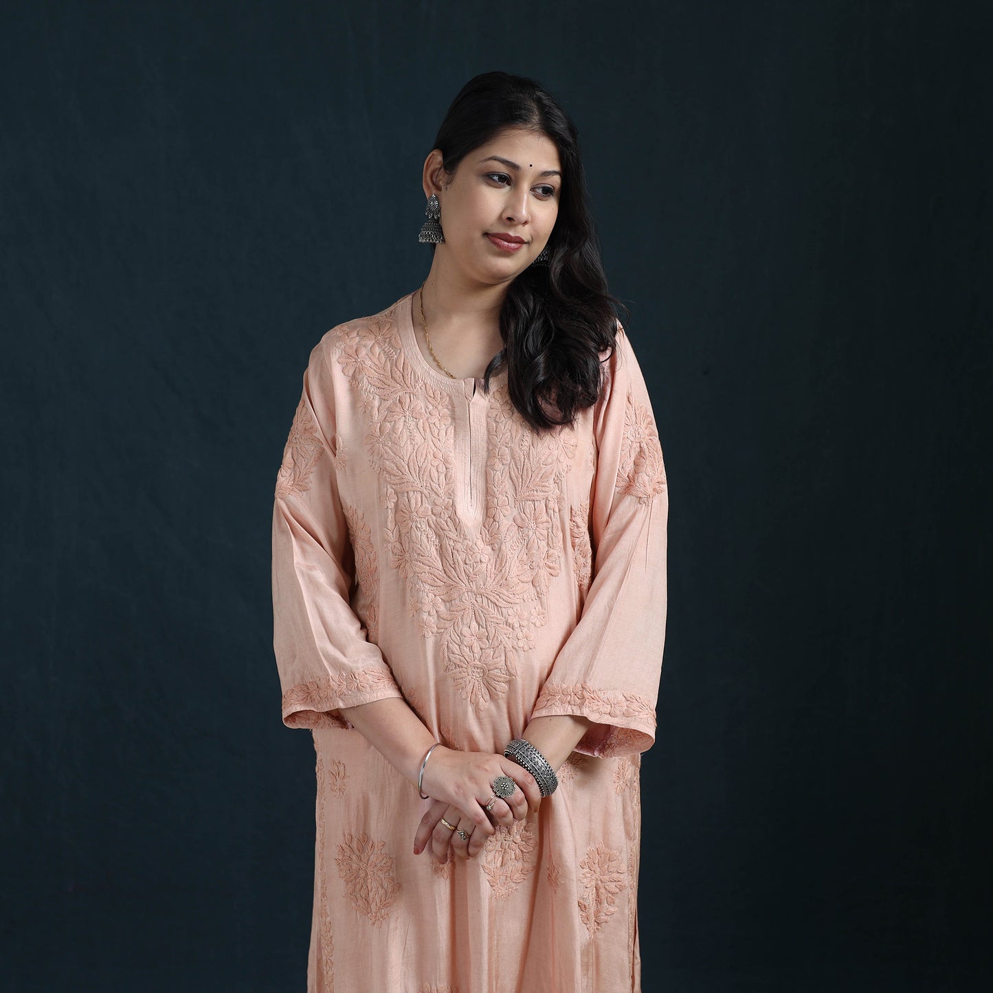 Peach - Hand Embroidered Muslin Chikankari Kurta with Pant Set for Women 23