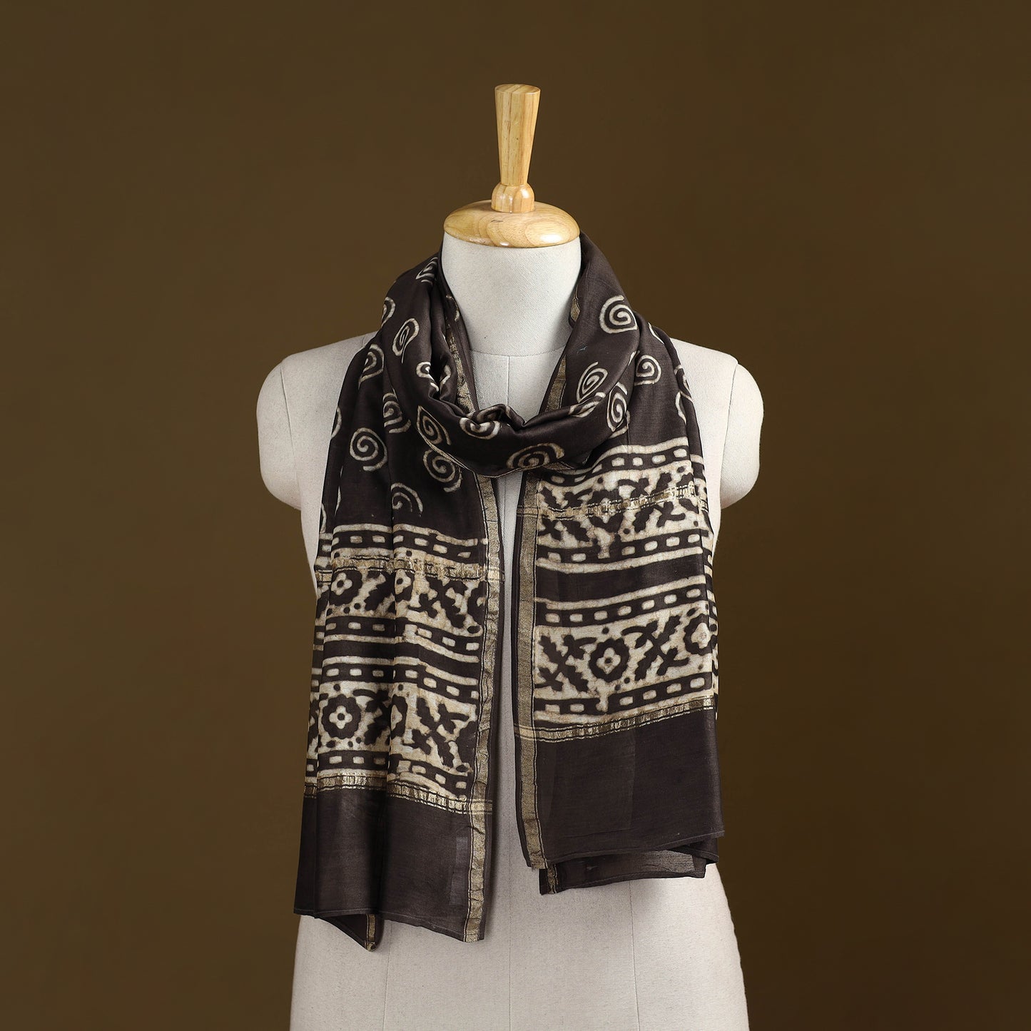 Brown - Pipad Hand Block Print Natural Dyed Chanderi Silk Handloom Stole 54