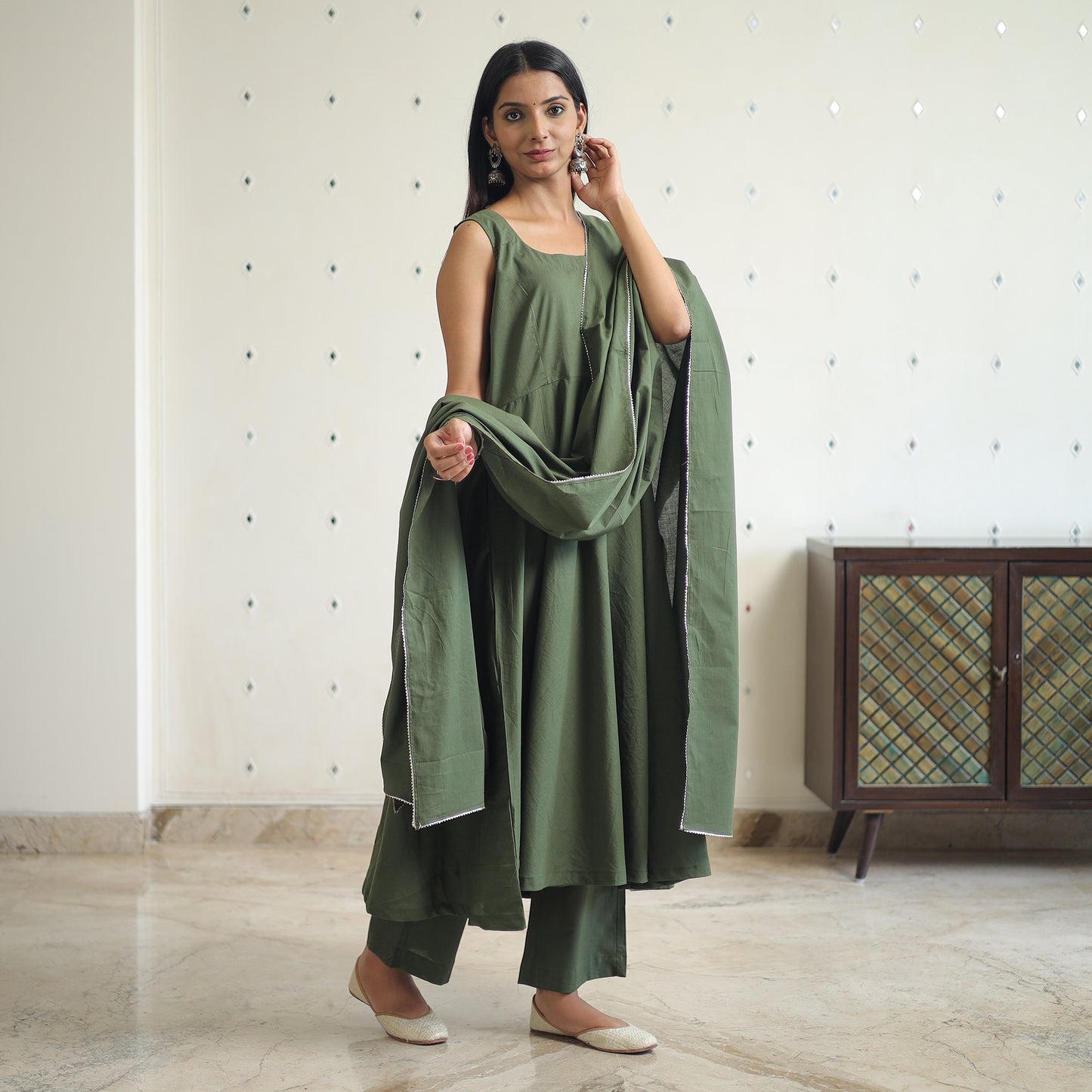 Yashasmini Green Cotton Flared Kurta with Palazzo & Dupatta Set