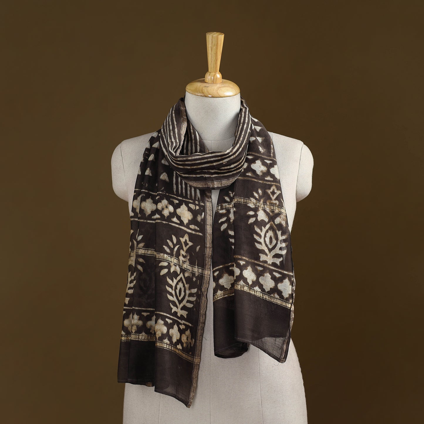 Brown - Pipad Hand Block Print Natural Dyed Chanderi Silk Handloom Stole 56